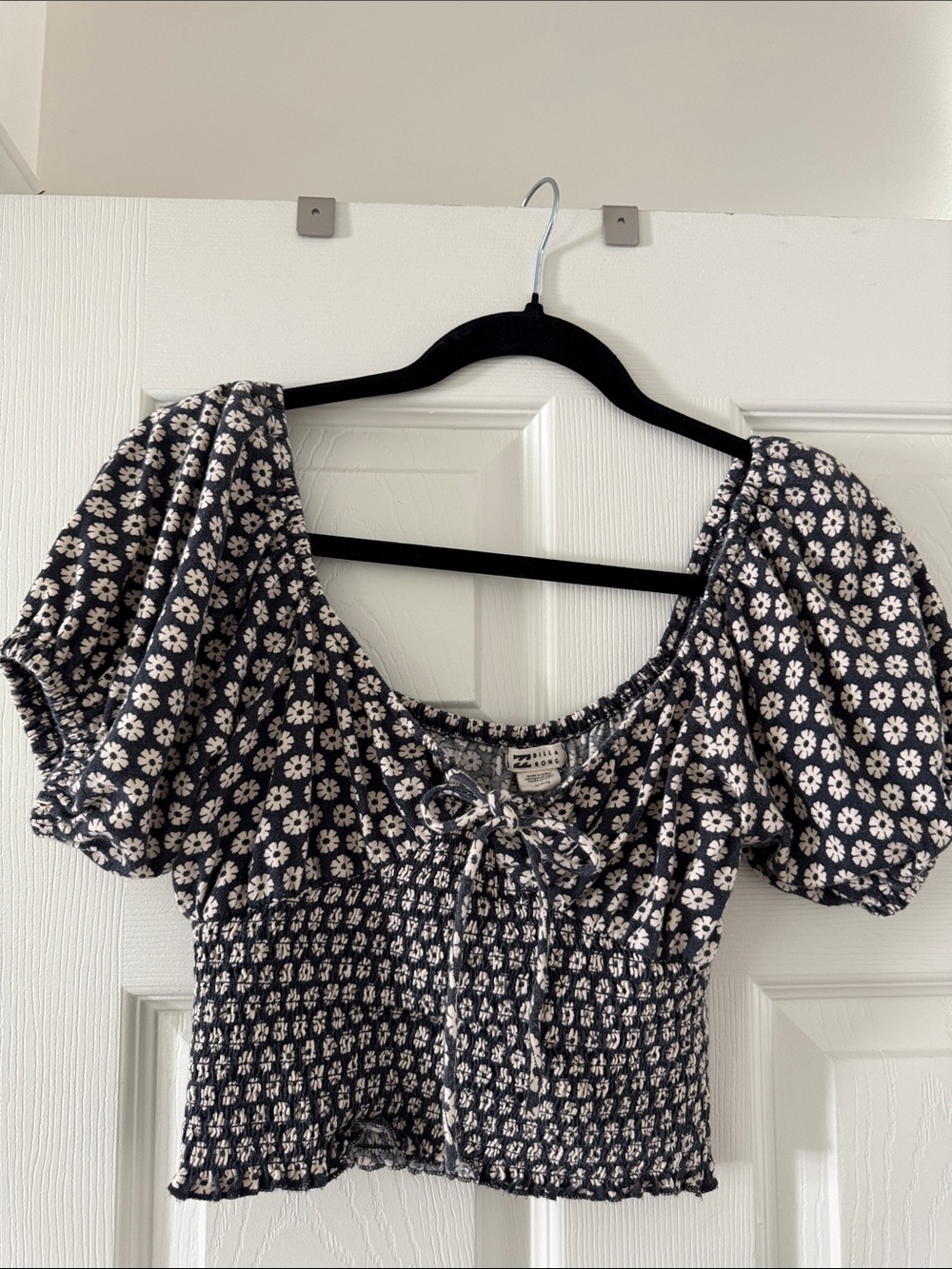 Billabong Navy and White Floral Smocked Crop Top